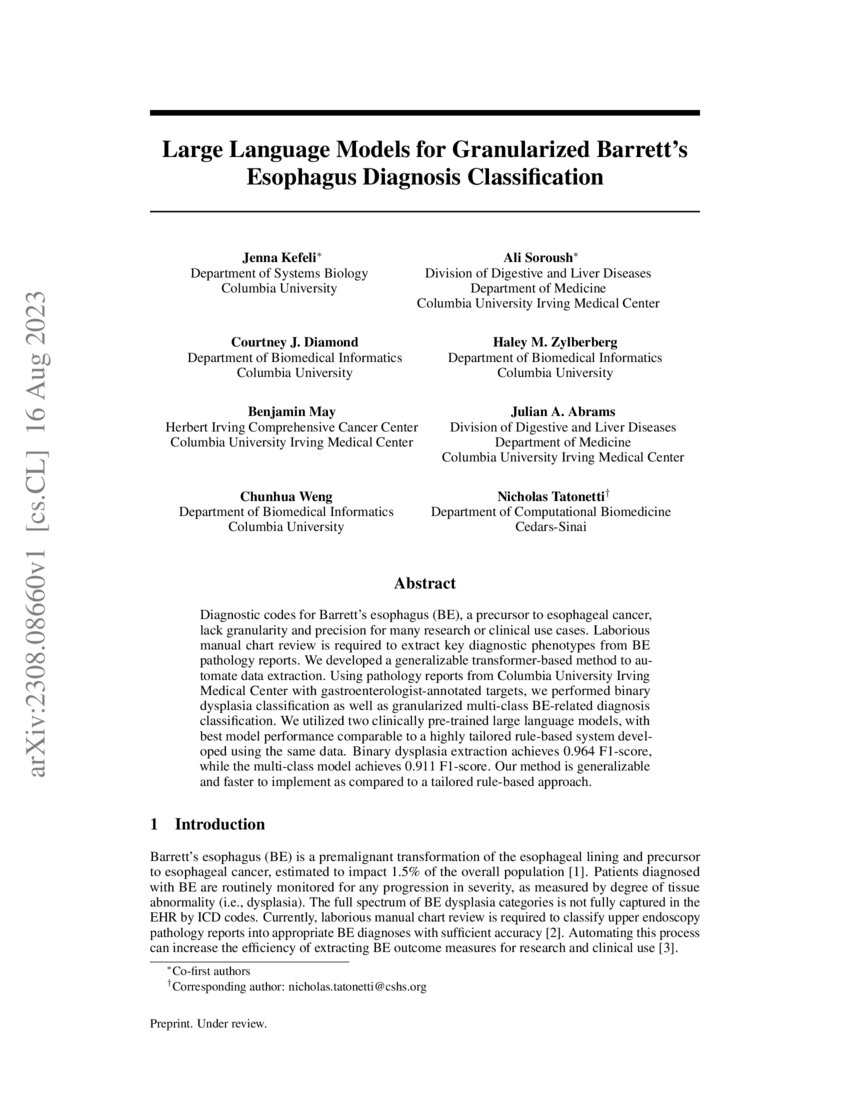 Large Language Models for Granularized Barrett's Esophagus Diagnosis Classification DeepAI