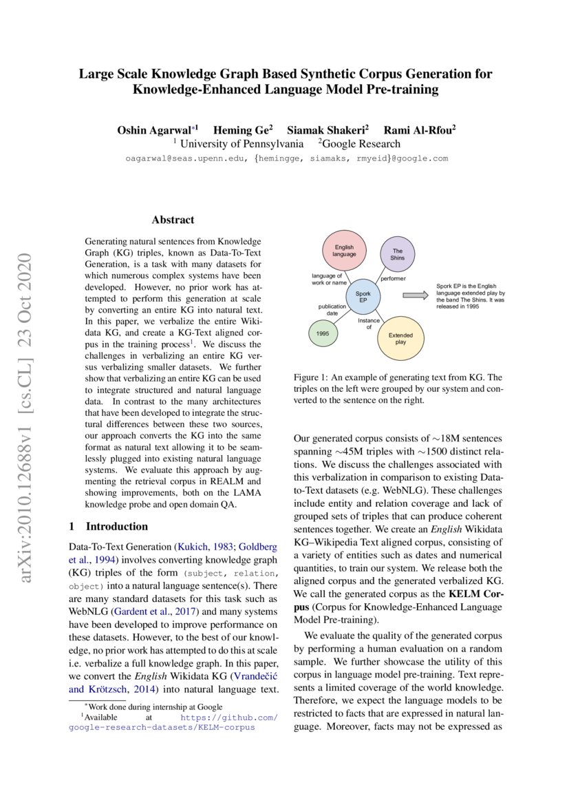 Large Scale Knowledge Graph Based Synthetic Corpus Generation for ...