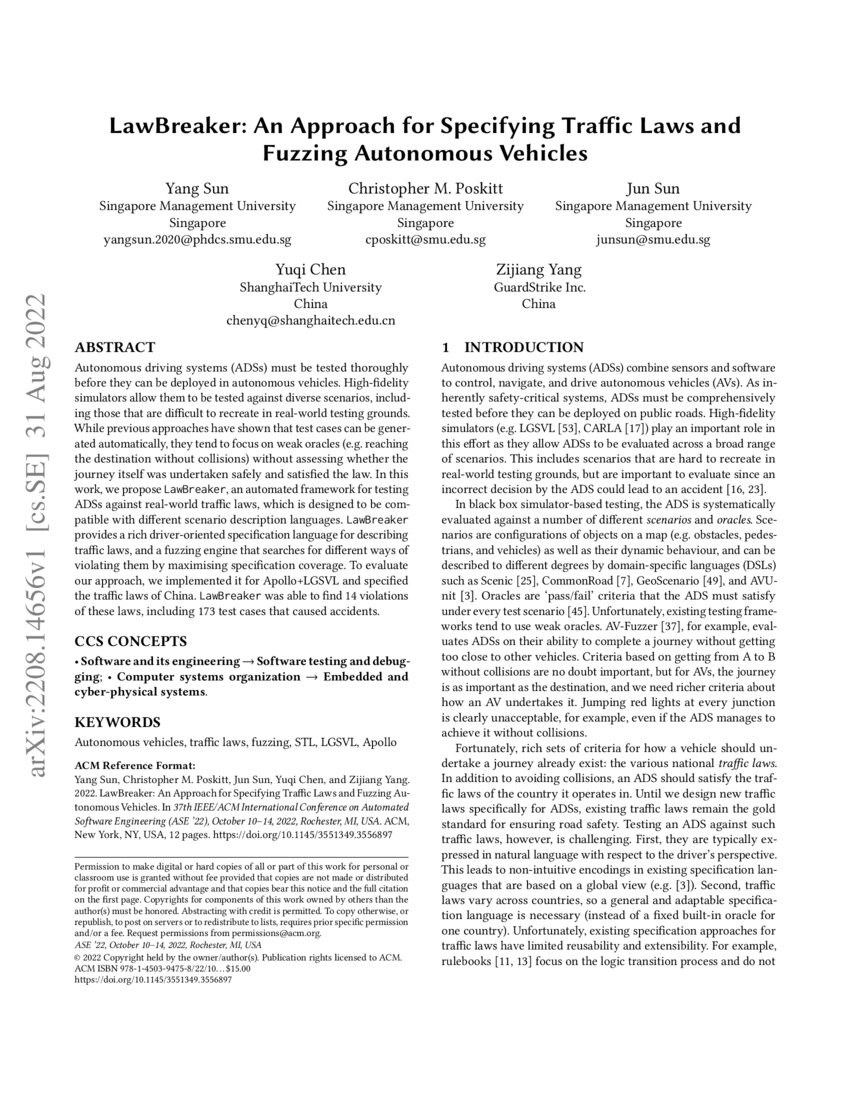 LawBreaker An Approach for Specifying Traffic Laws and Fuzzing