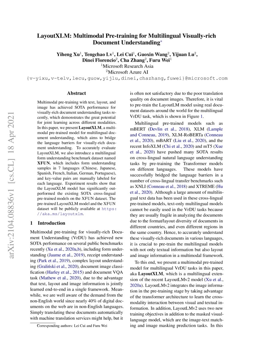 Layoutxlm Multimodal Pre Training For Multilingual Visually Rich