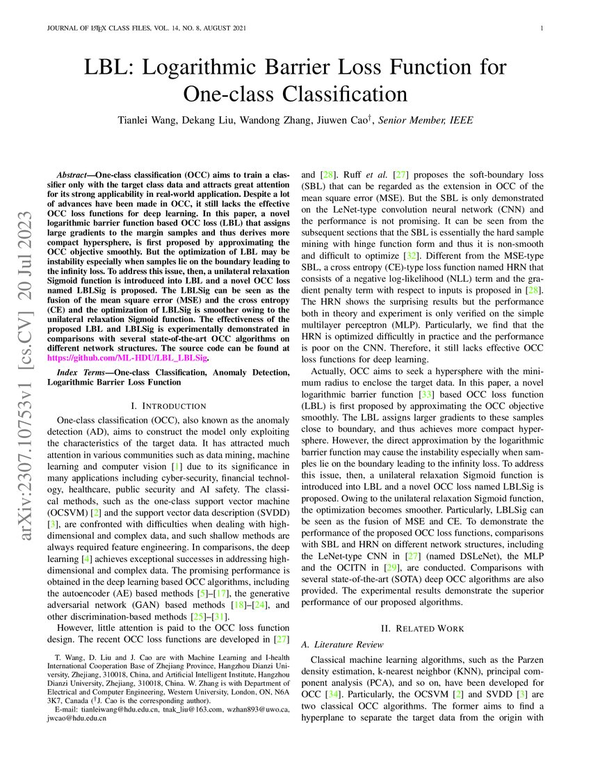 LBL: Logarithmic Barrier Loss Function for One-class Classification ...