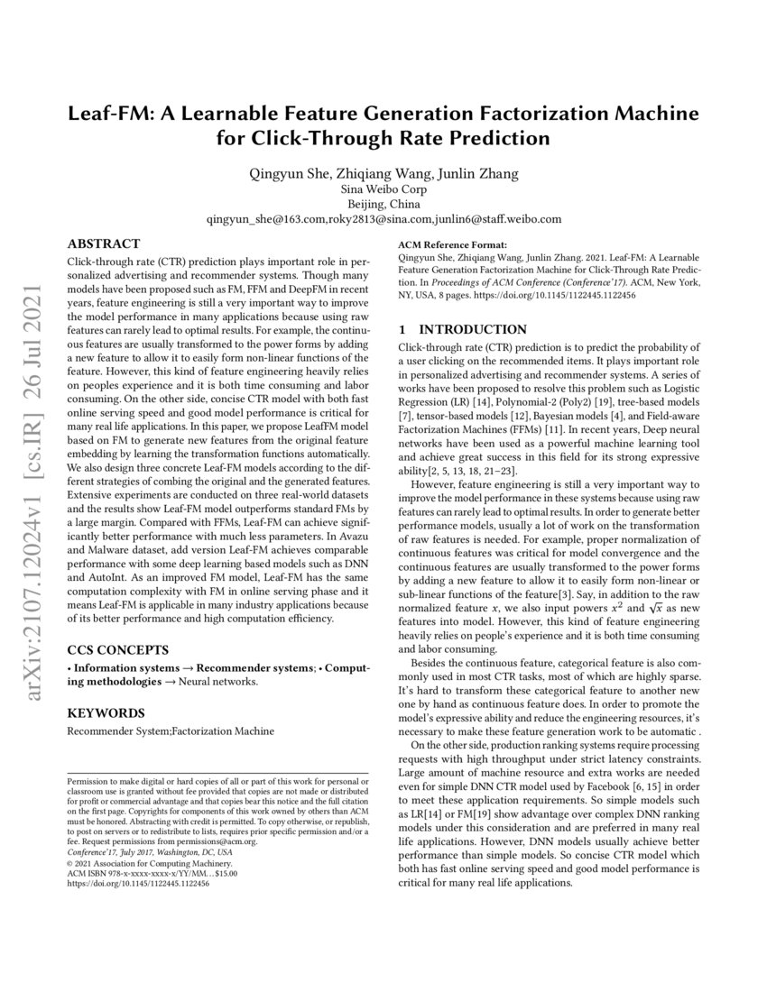 LeafFM A Learnable Feature Generation Factorization Machine for Click