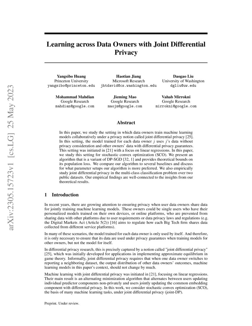 Learning across Data Owners with Joint Differential Privacy DeepAI