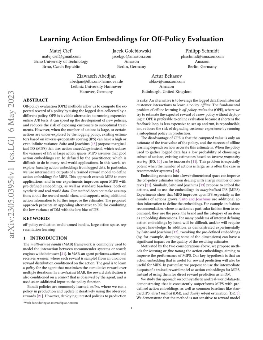 Learning Action Embeddings for OffPolicy Evaluation DeepAI