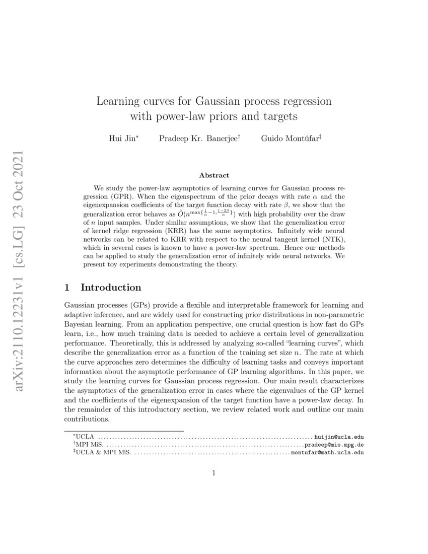 Learning curves for Gaussian process regression with power-law priors ...