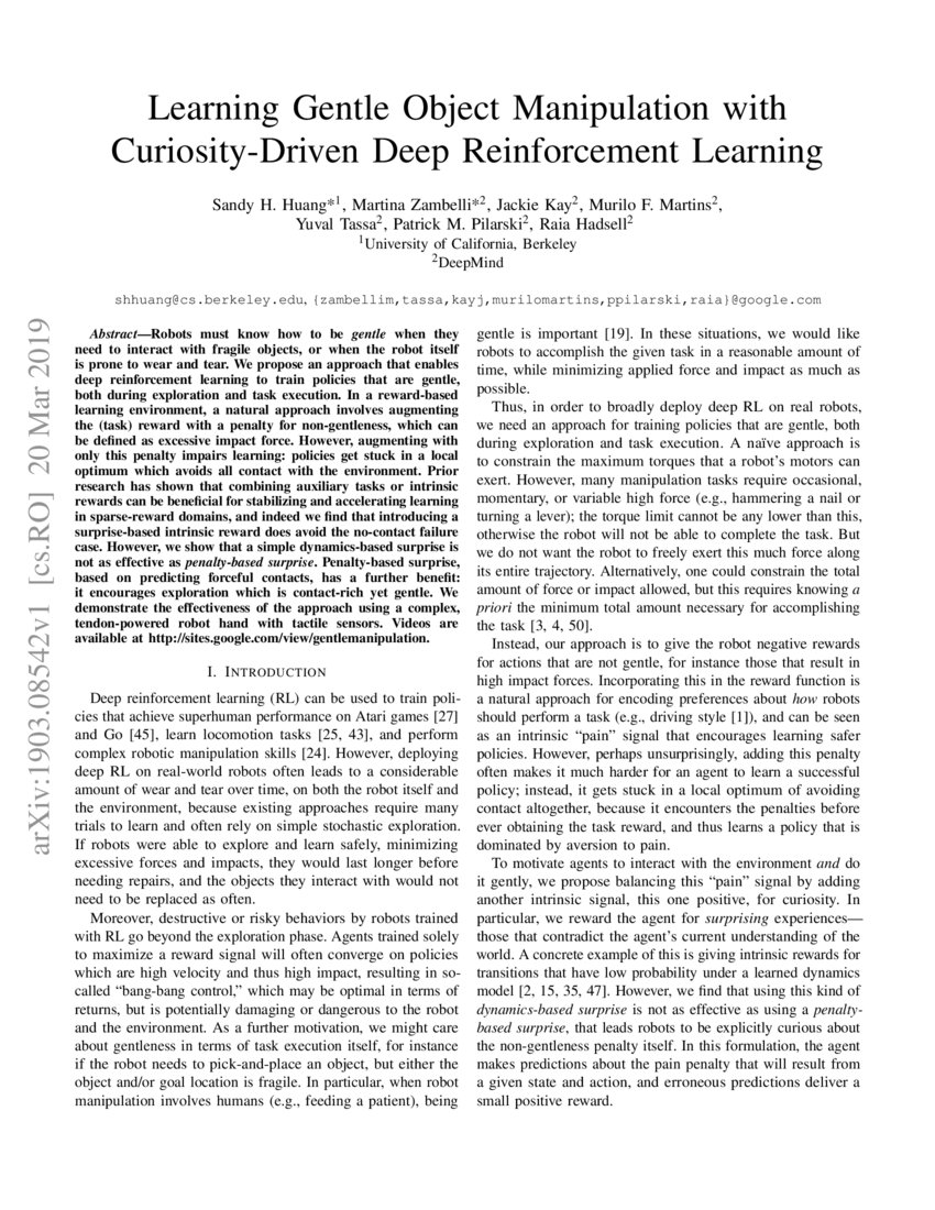 Learning Gentle Object Manipulation With Curiosity Driven Deep