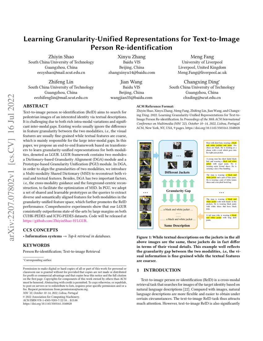 Learning GranularityUnified Representations for TexttoImage Person