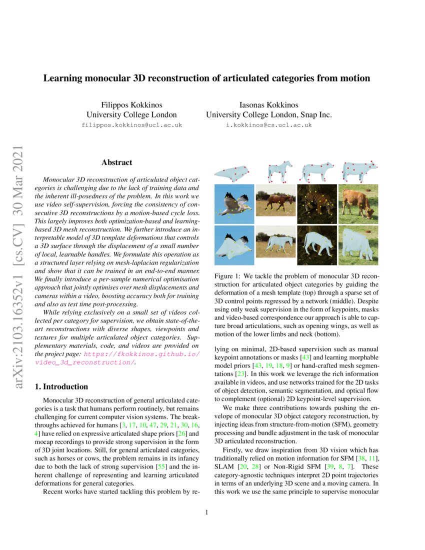 Learning monocular 3D reconstruction of articulated categories from