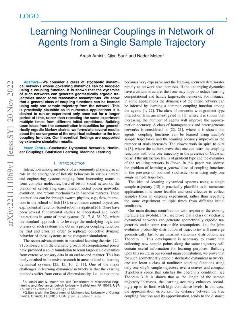 Learning Couplings in Network of Agents from a Single Sample
