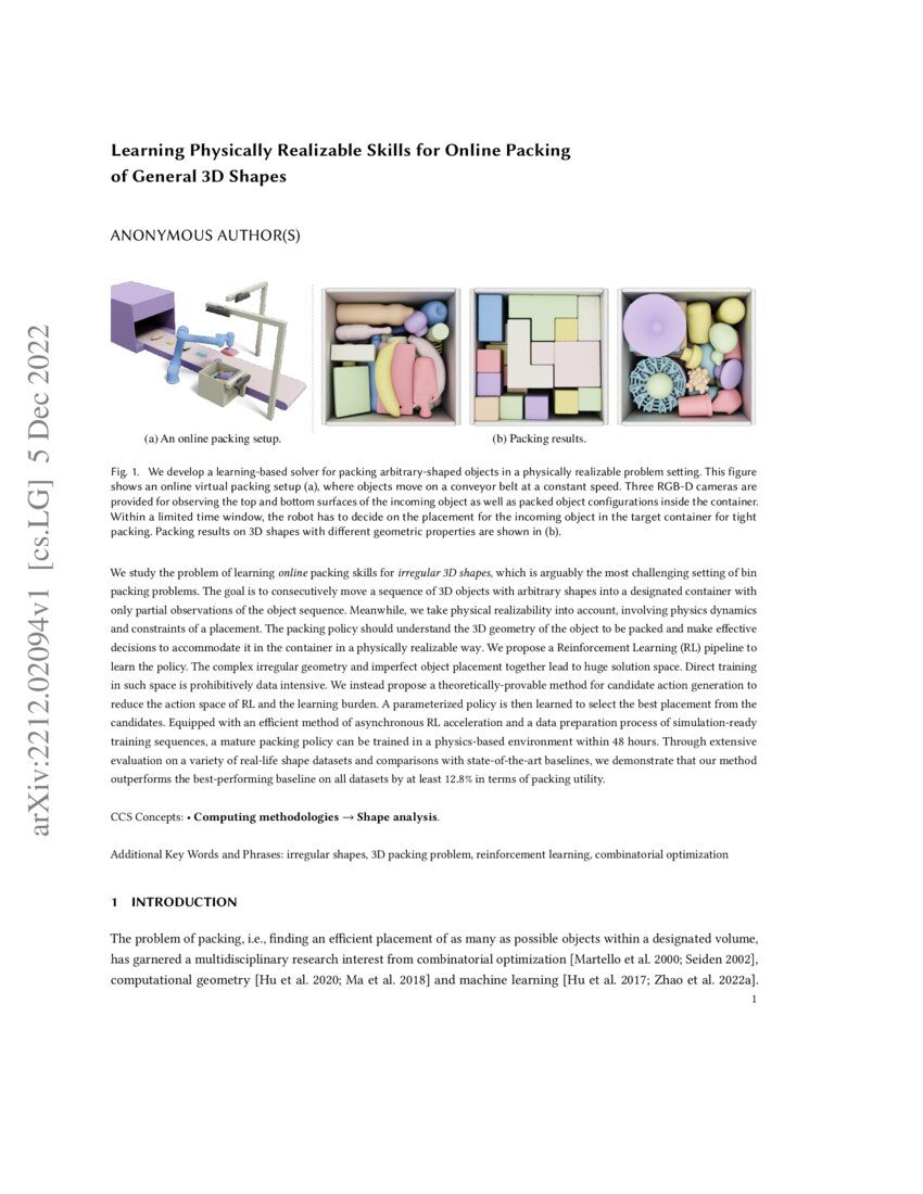 Learning Physically Realizable Skills for Online Packing of General 3D ...