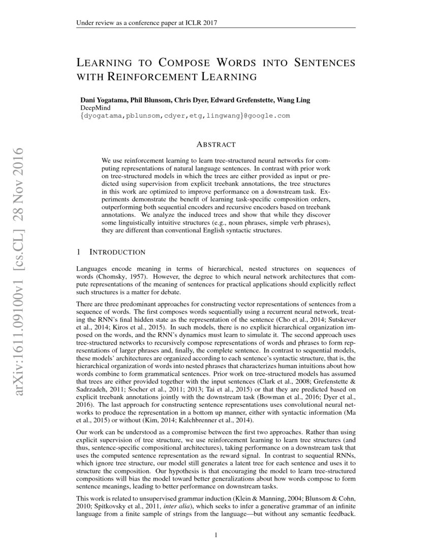 Learning to Compose Words into Sentences with Reinforcement Learning