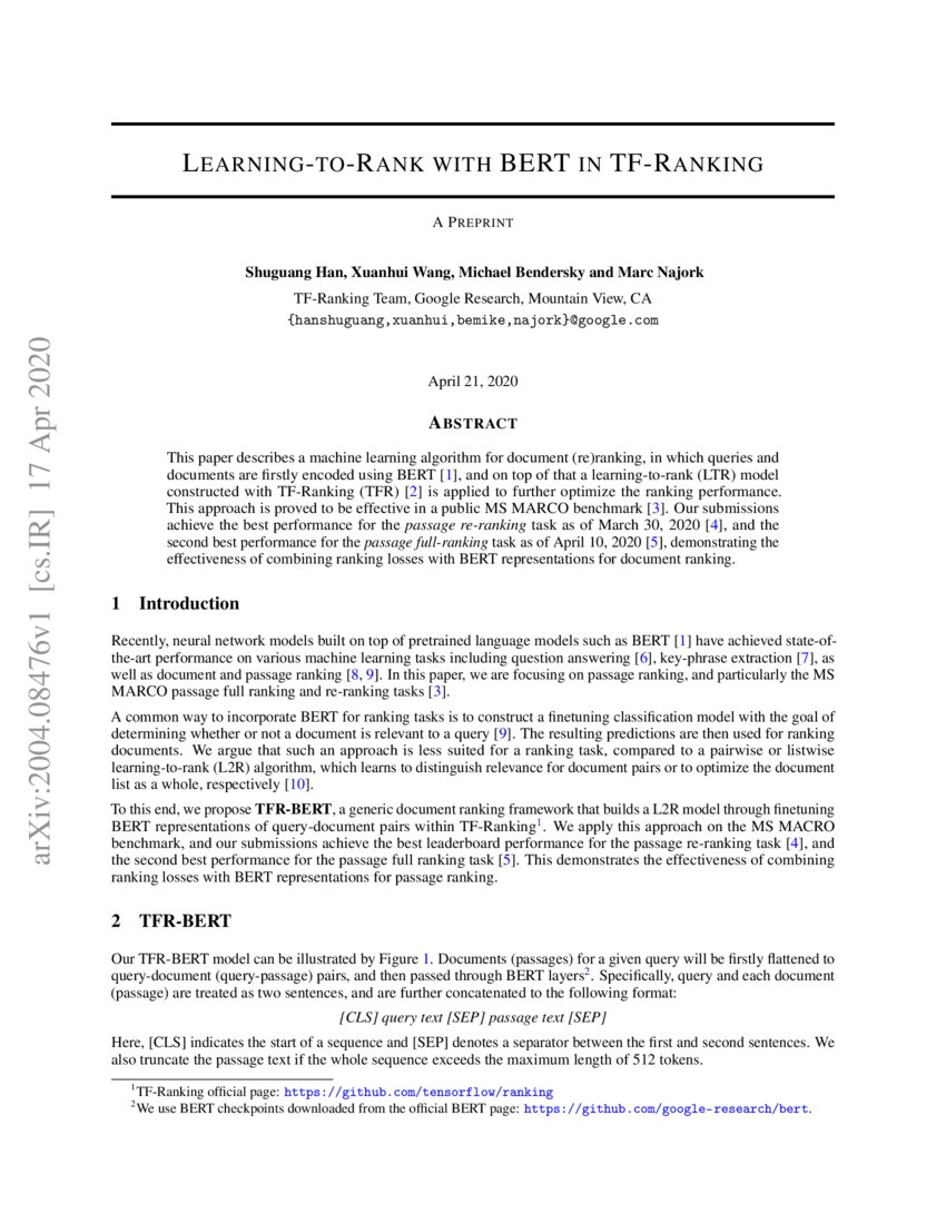 Learning-to-Rank with BERT in TF-Ranking | DeepAI