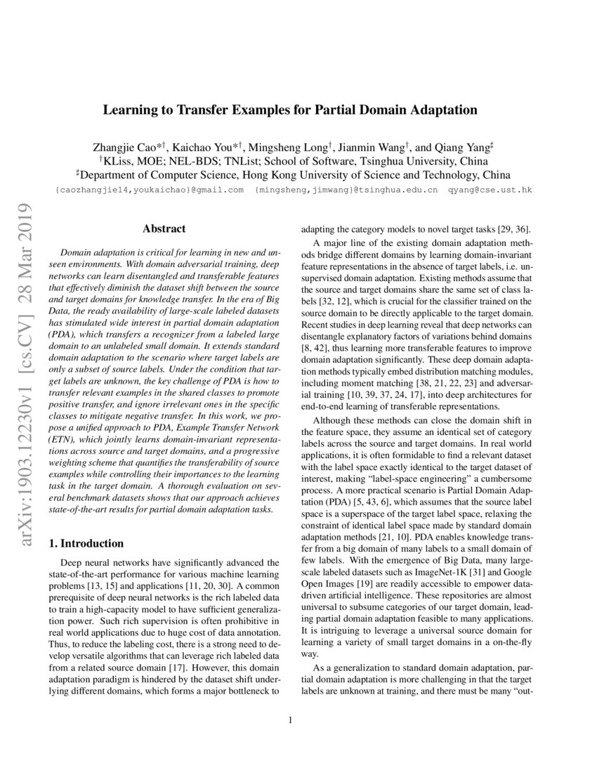 Learning to Transfer Examples for Partial Domain Adaptation | DeepAI