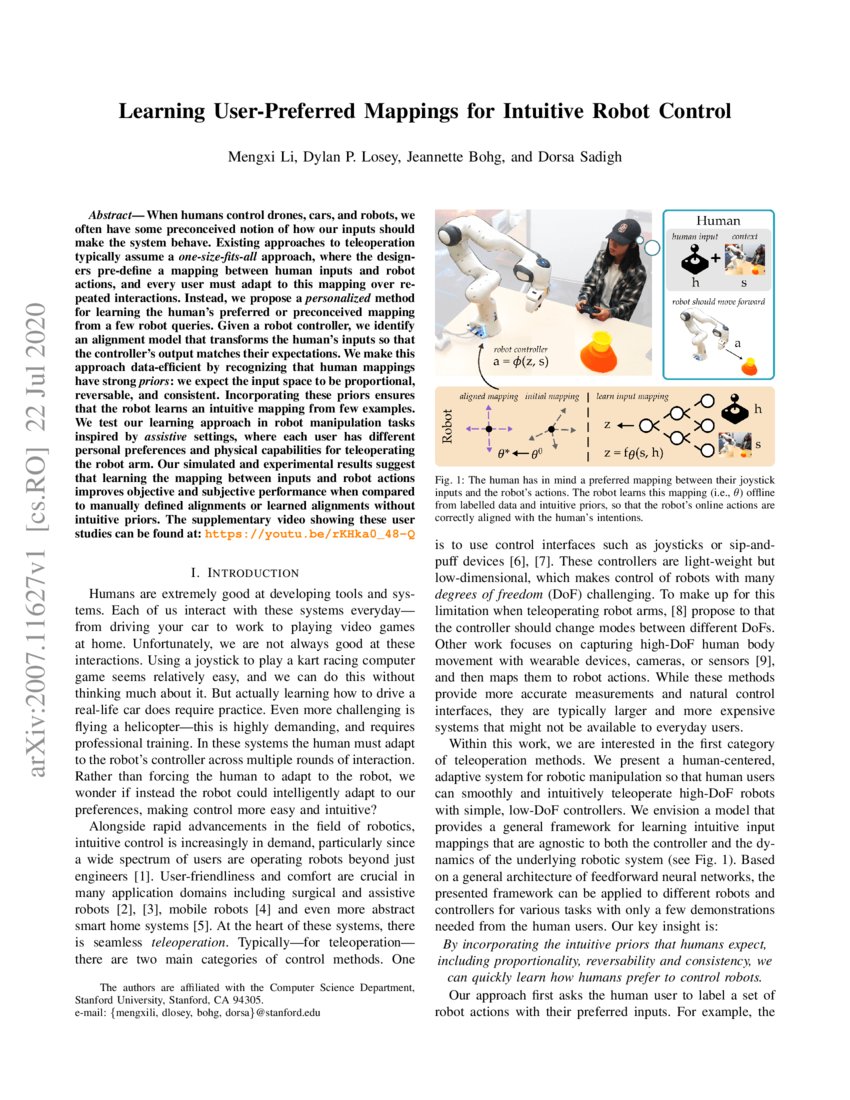 Learning User-Preferred Mappings for Intuitive Robot Control | DeepAI