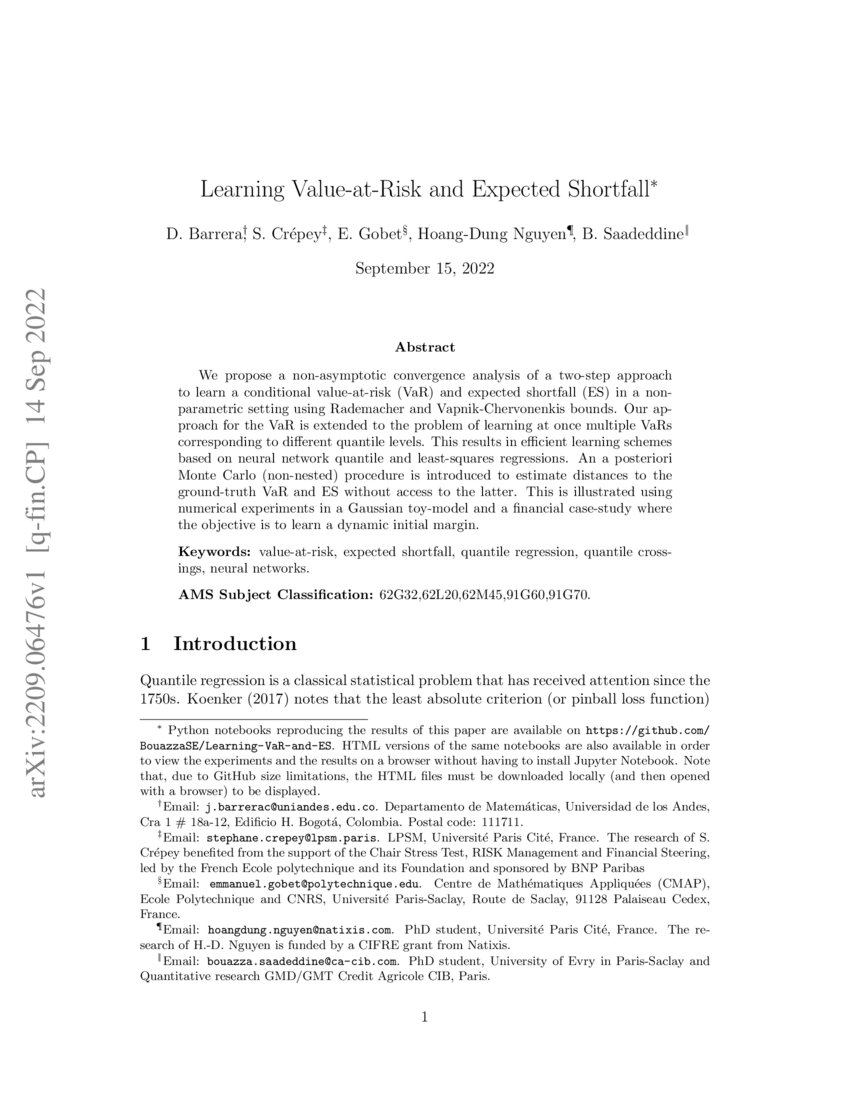 Learning ValueatRisk and Expected Shortfall DeepAI