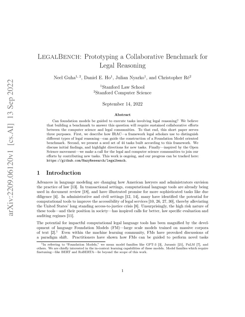 LegalBench Prototyping a Collaborative Benchmark for Legal Reasoning