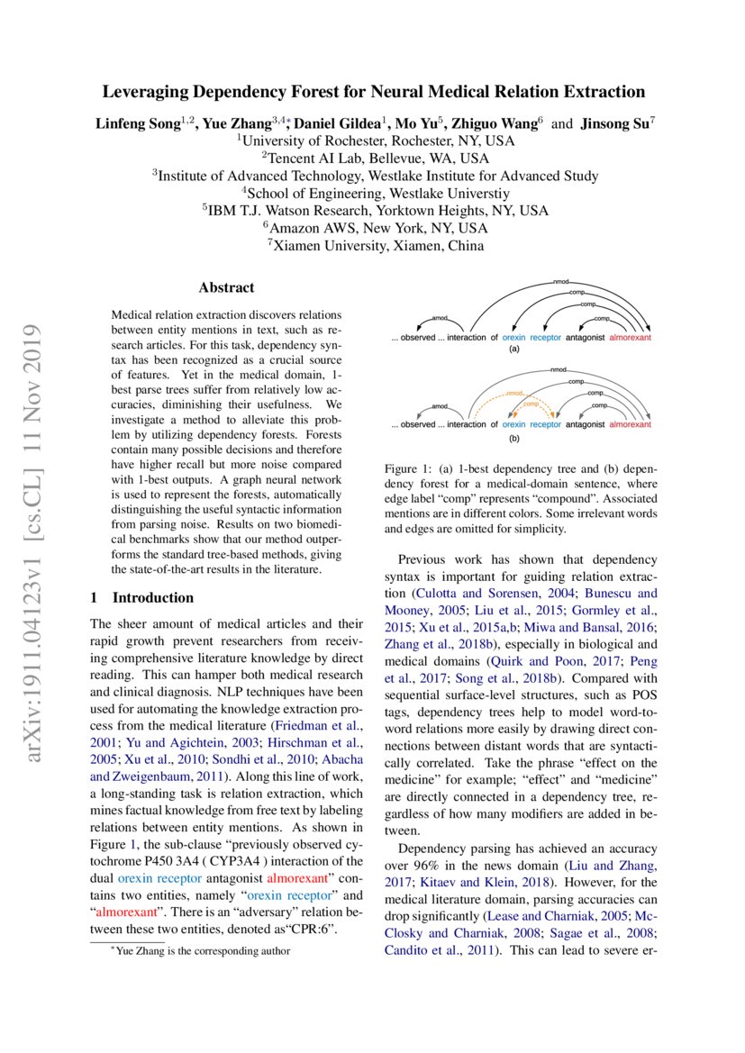 Leveraging Dependency Forest for Neural Medical Relation Extraction
