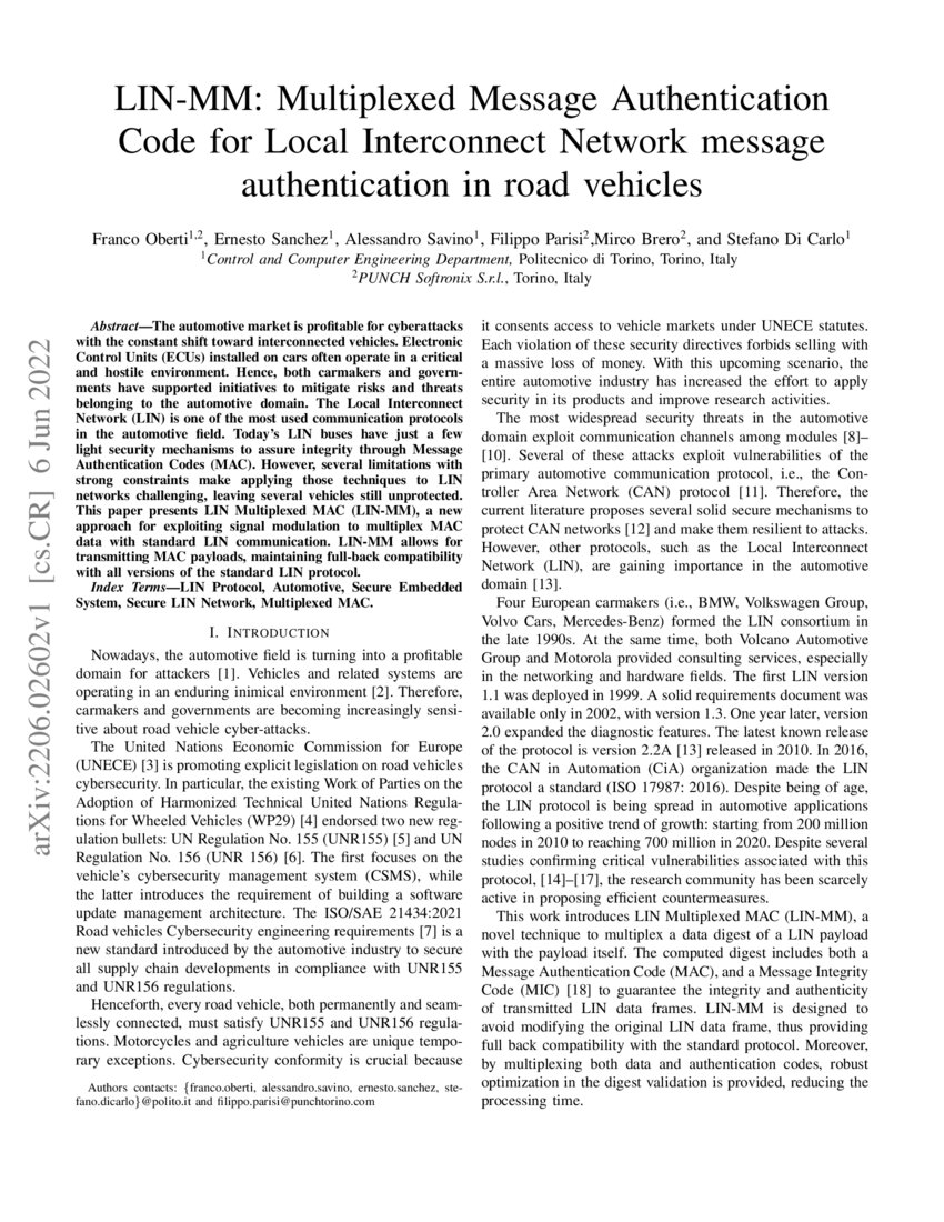 LIN-MM: Multiplexed Message Authentication Code for Local Interconnect ...