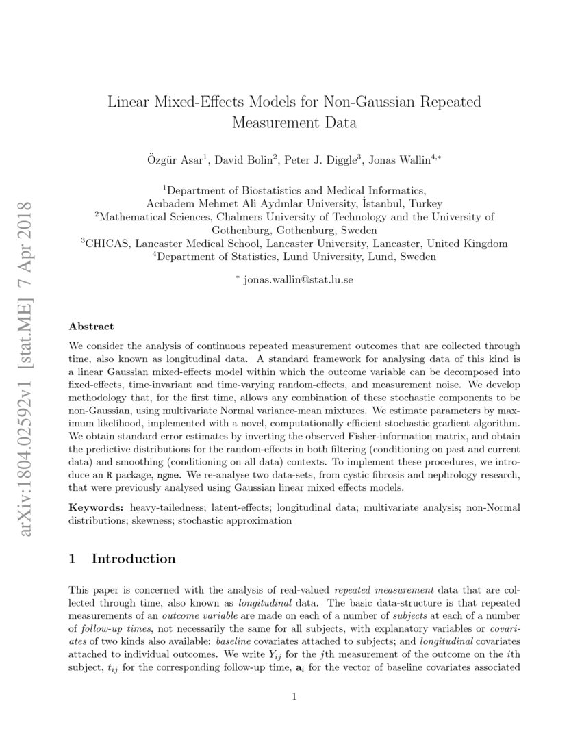 Linear MixedEffects Models for NonGaussian Repeated Measurement Data