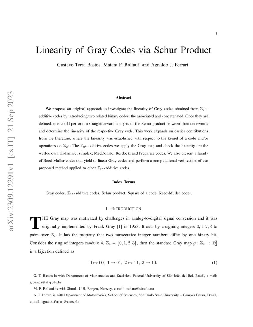 Linearity of Gray Codes via Schur Product DeepAI
