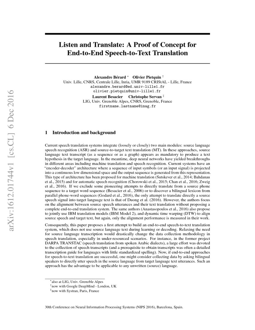 Listen And Translate A Proof Of Concept For End to End Speech to Text Translation DeepAI