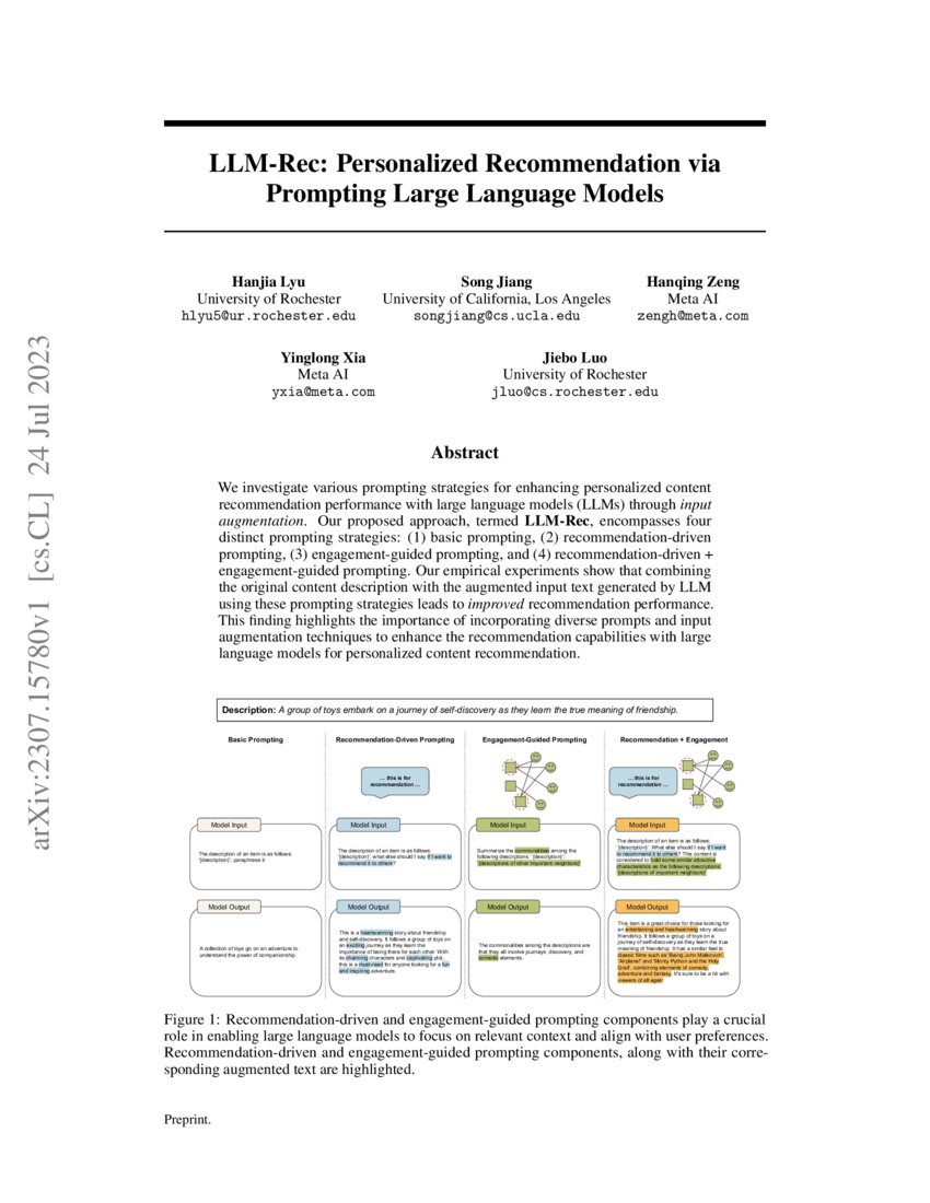 Llm Rec Personalized Recommendation Via Prompting Large Language Models Deepai Llm Rec Personalized Recommendation Via Prompting Large Language Models Deepai