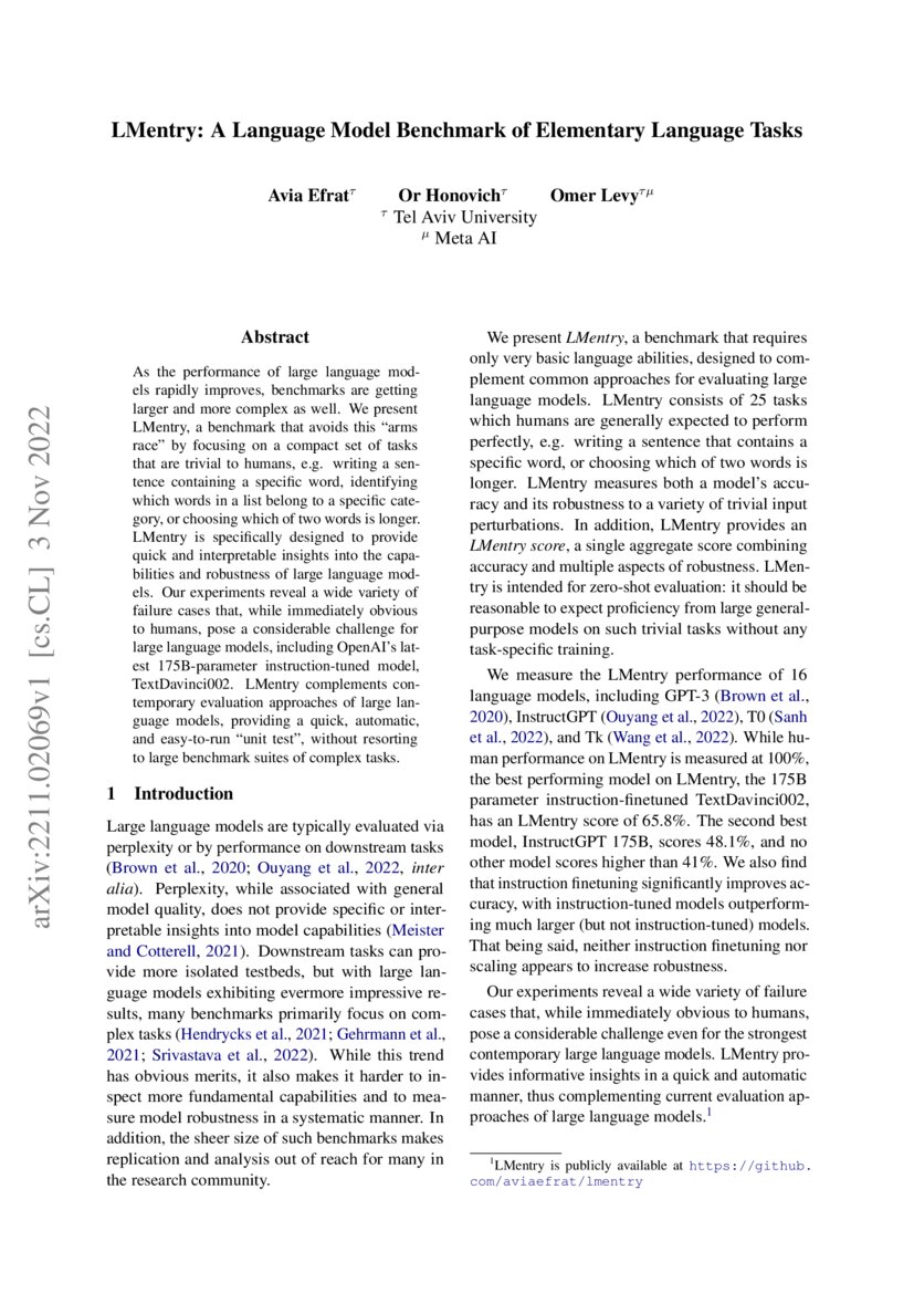 LMentry: A Language Model Benchmark of Elementary Language Tasks | DeepAI