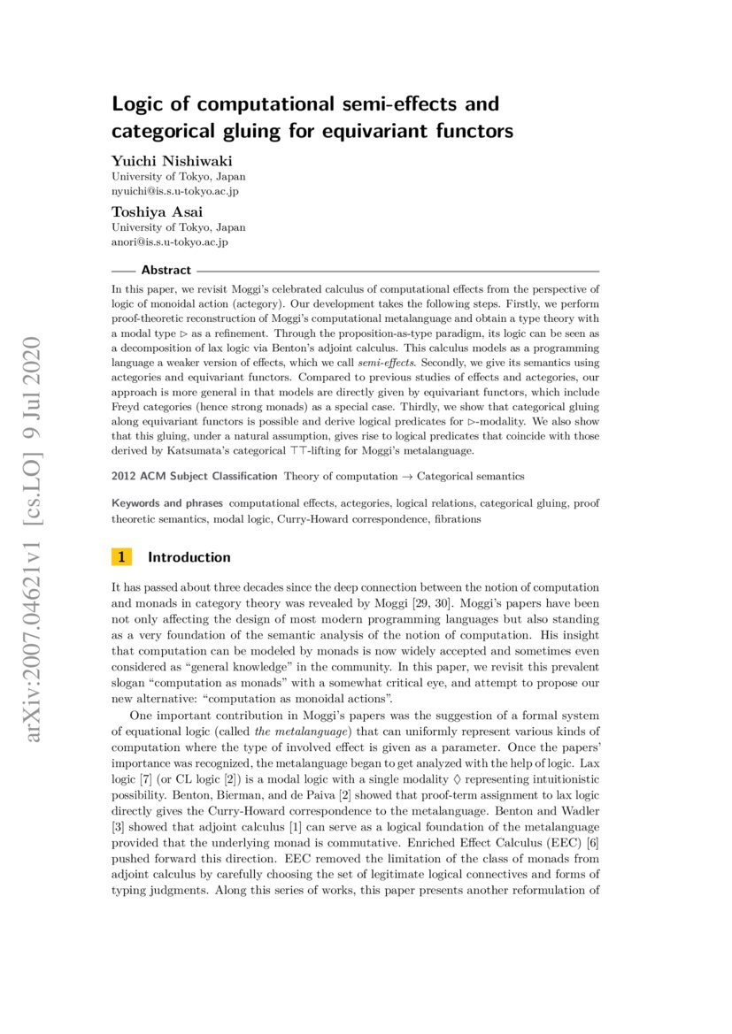 Logic of computational semieffects and categorical gluing for equivariant functors DeepAI