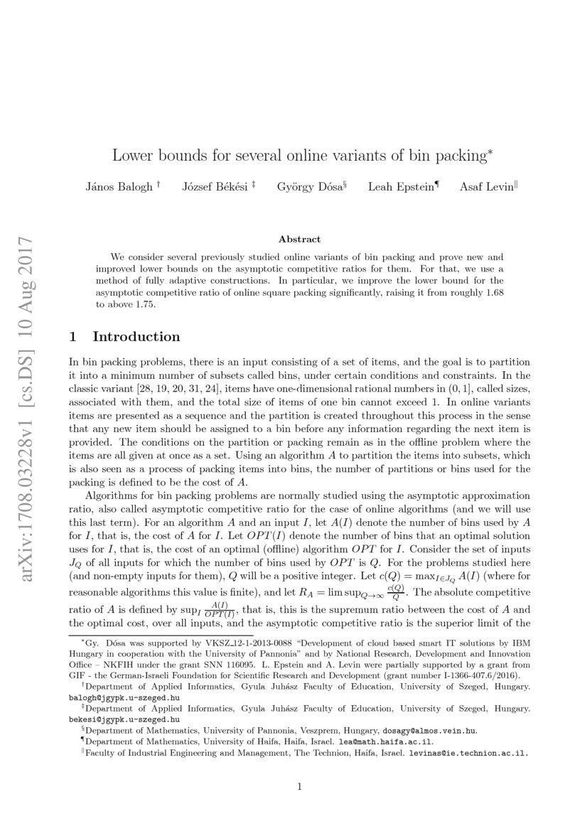Lower bounds for several online variants of bin packing DeepAI