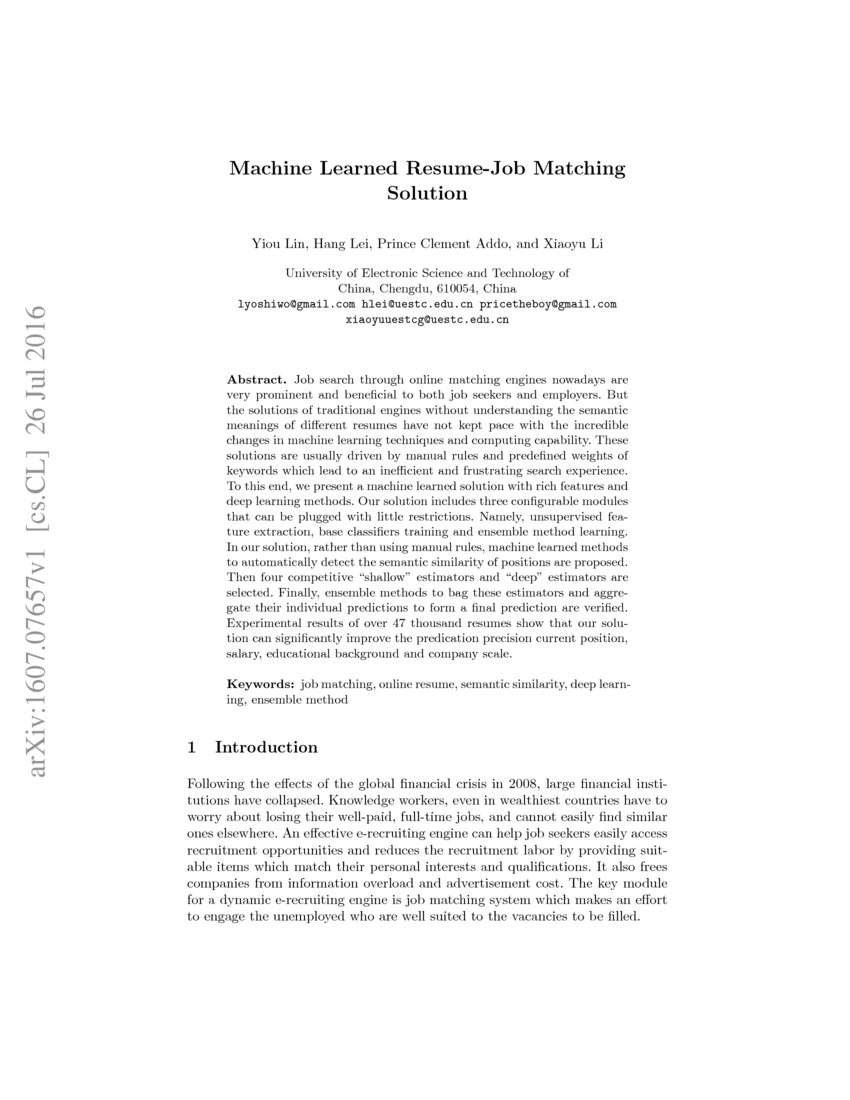 Machine Learned Resume Job Matching Solution Deepai