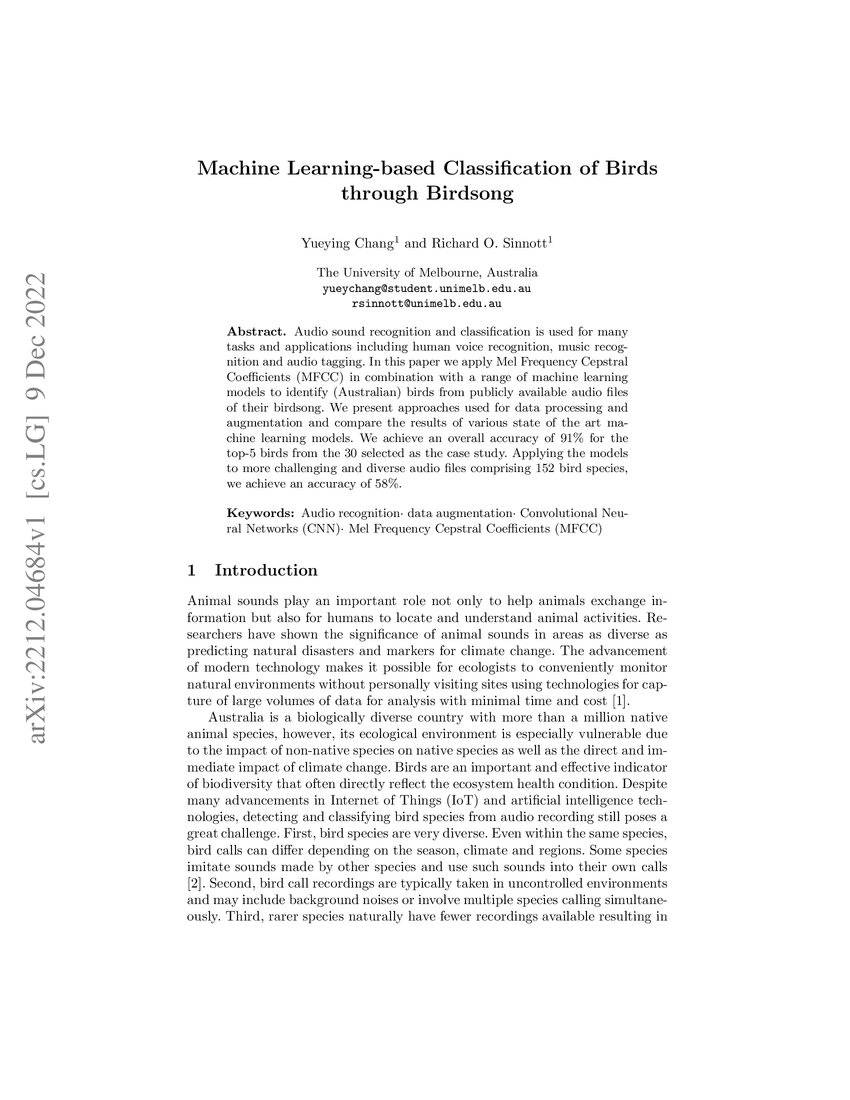 Machine learning based classification of birds through birdsong deepai