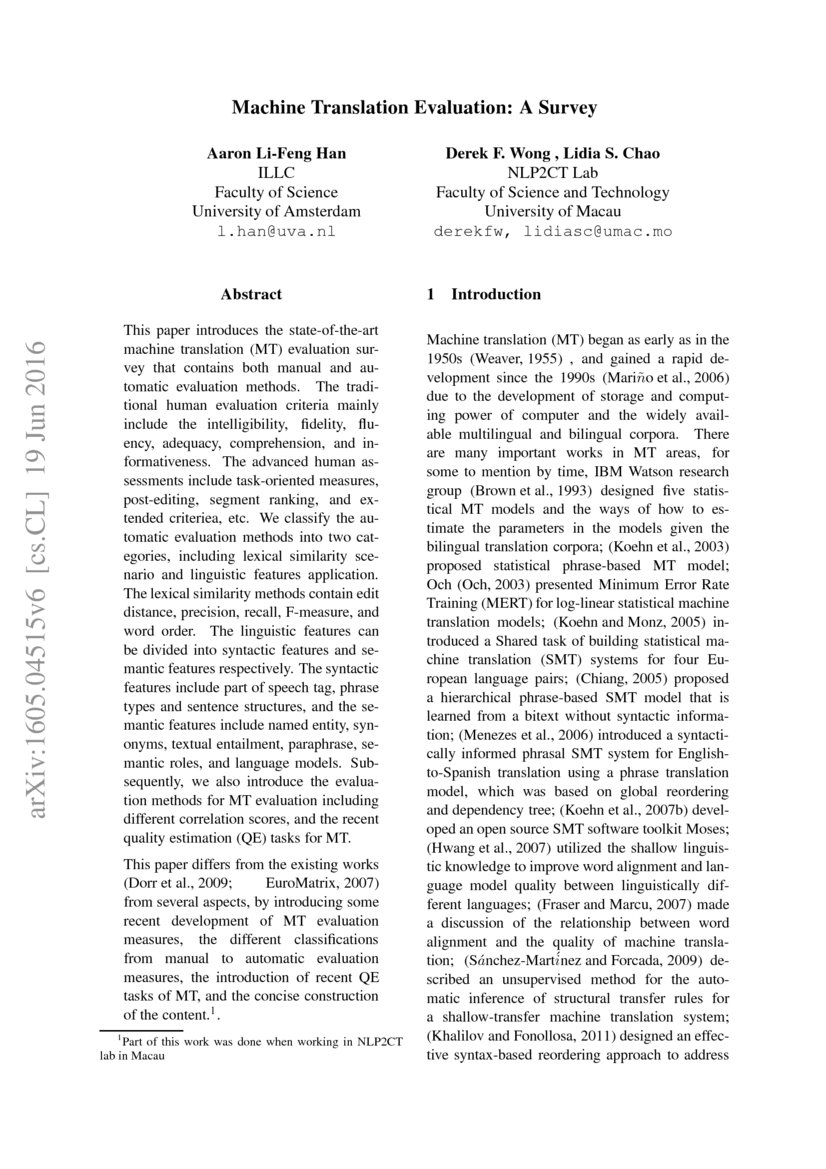 Machine Translation Evaluation A Survey DeepAI