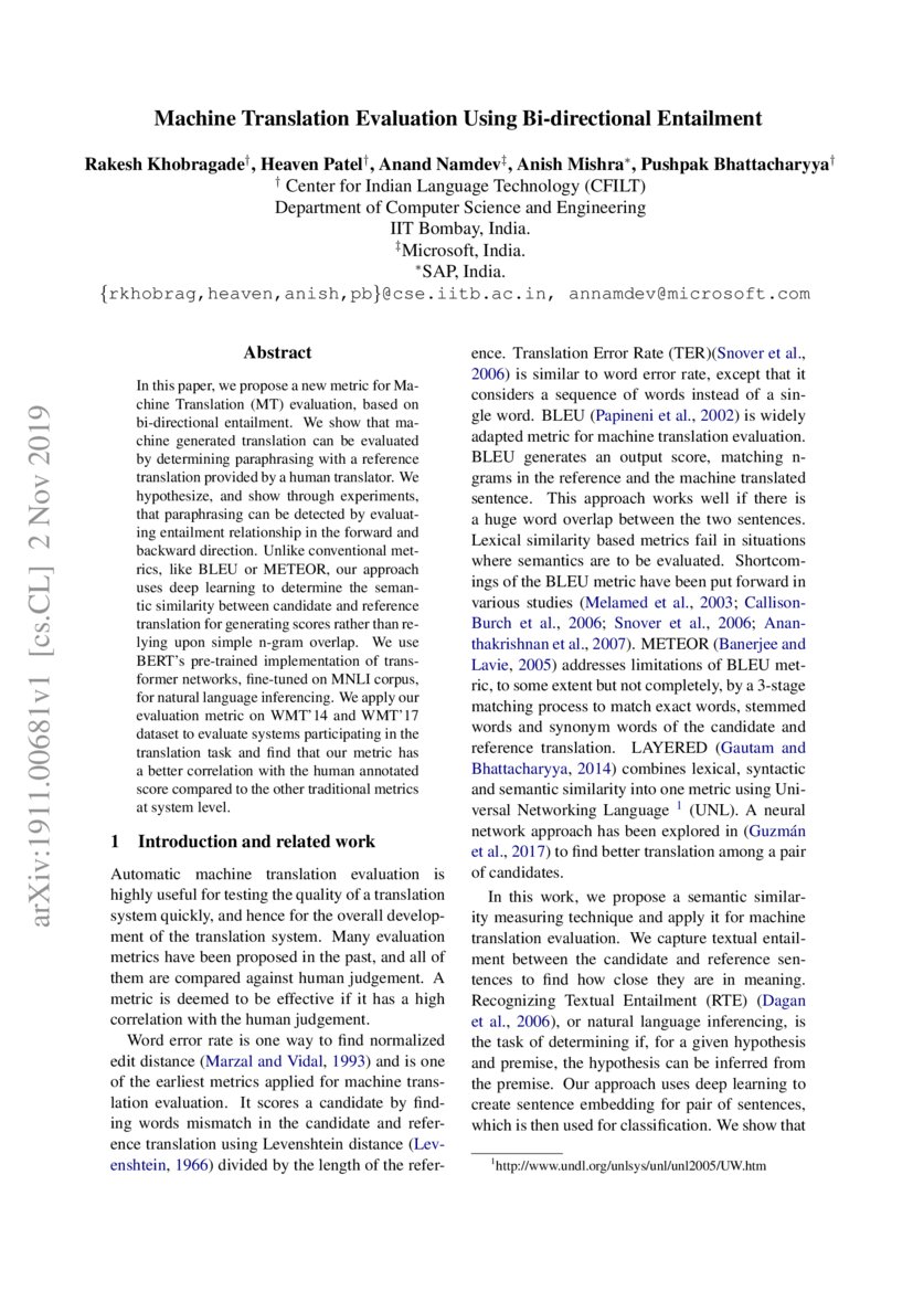 Machine Translation Evaluation using Bidirectional Entailment DeepAI