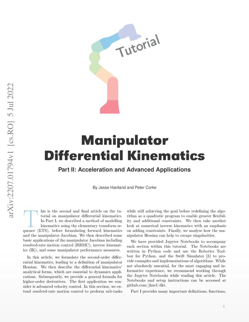 Manipulator Differential Kinematics Part II Acceleration and Advanced