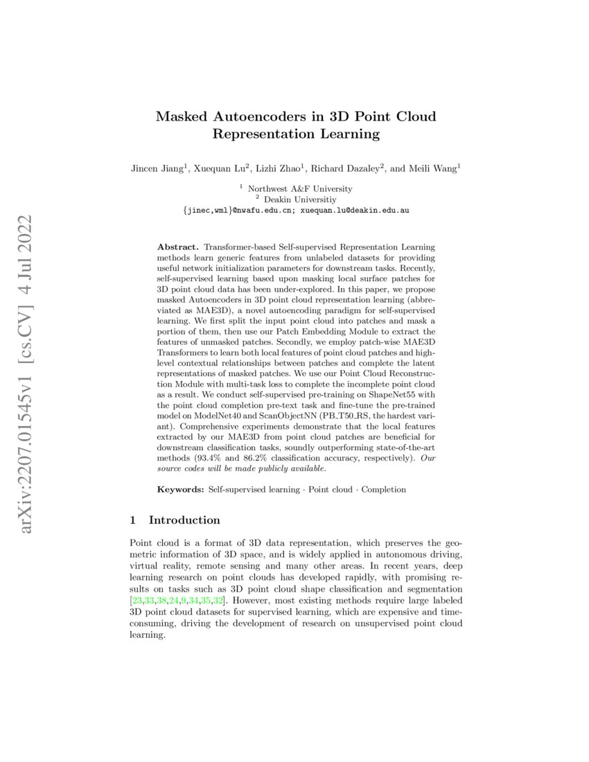 Masked Autoencoders in 3D Point Cloud Representation Learning | DeepAI