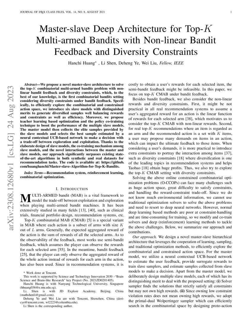 Master-slave Deep Architecture for Top-K Multi-armed Bandits with Non ...