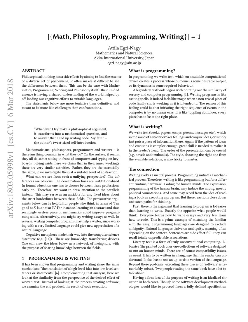 |Math, Philosophy, Programming, Writing| = 1 | DeepAI