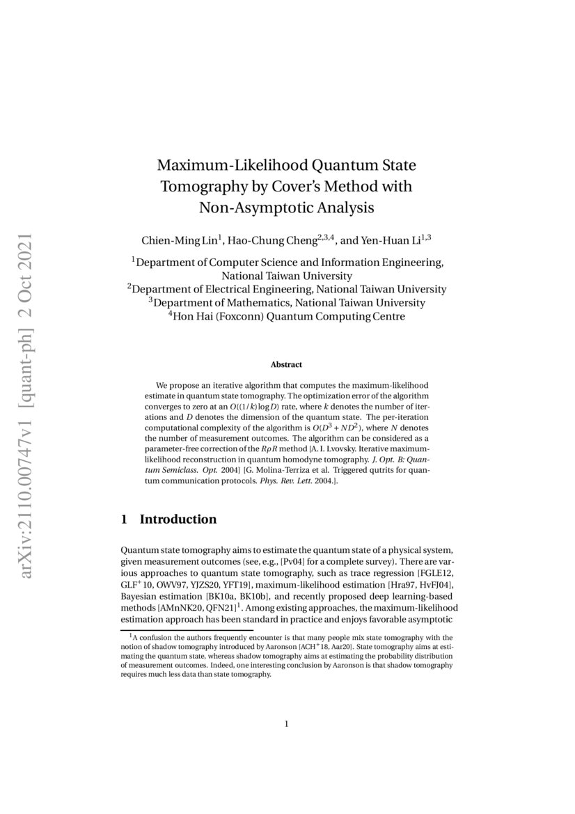 MaximumLikelihood Quantum State Tomography by Cover's Method with Non