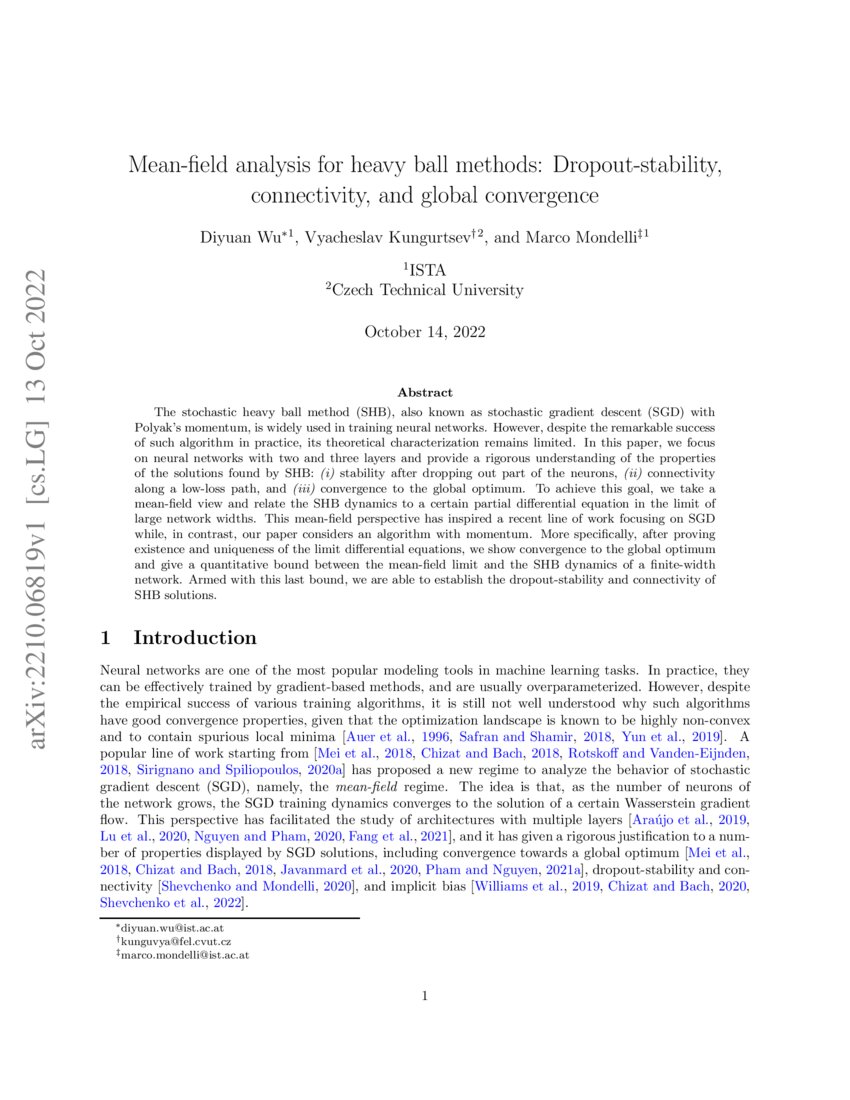 Meanfield analysis for heavy ball methods Dropoutstability