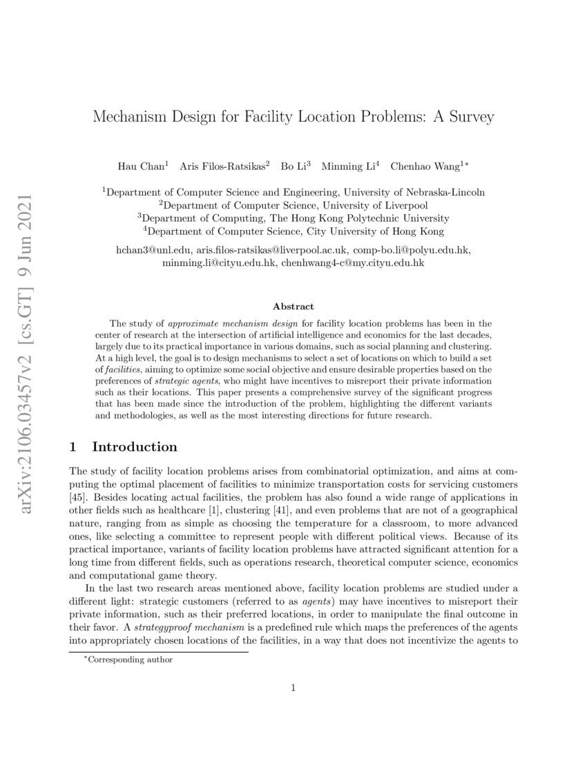Mechanism Design for Facility Location Problems: A Survey | DeepAI