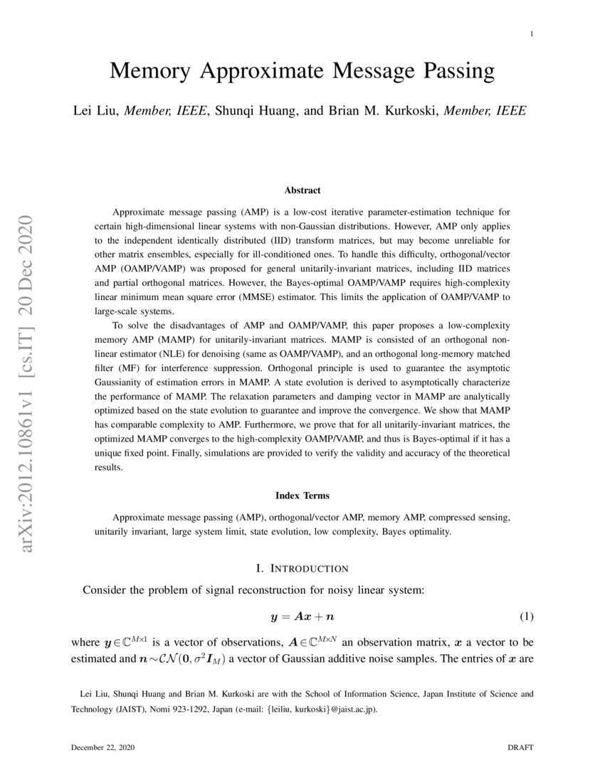 Memory Approximate Message Passing DeepAI