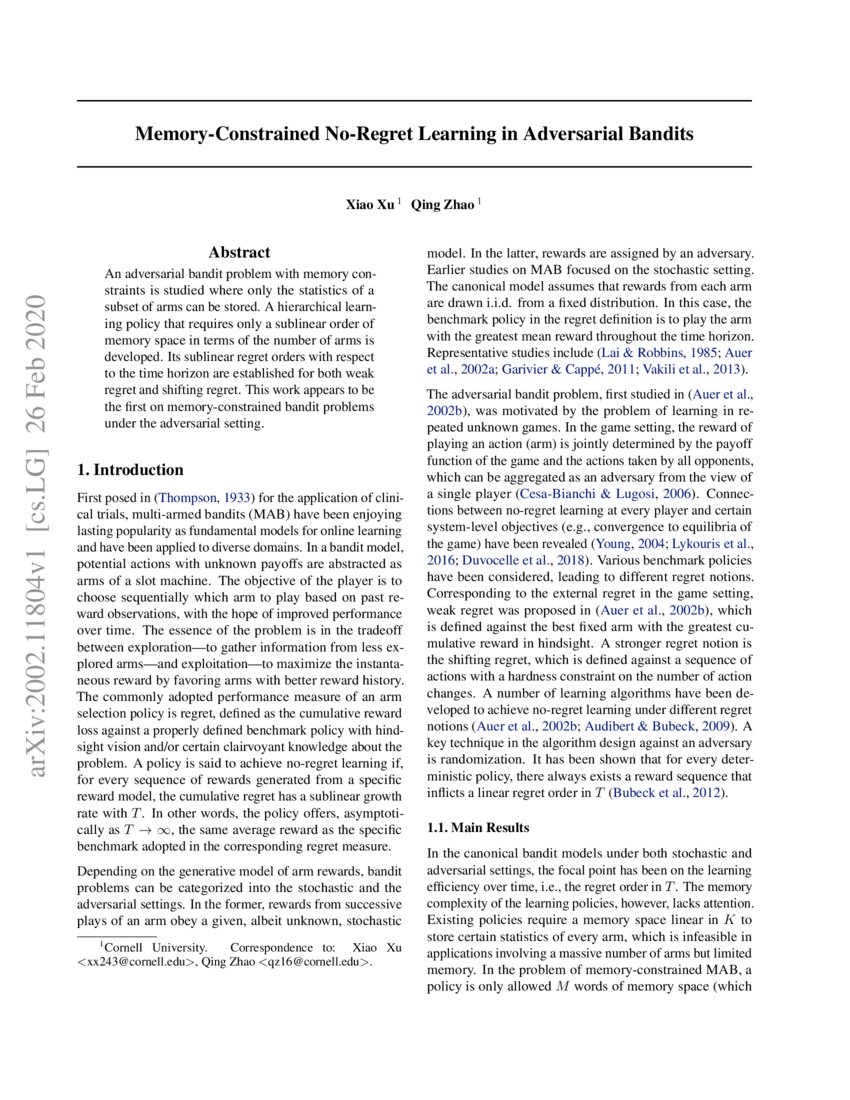 MemoryConstrained NoRegret Learning in Adversarial Bandits DeepAI