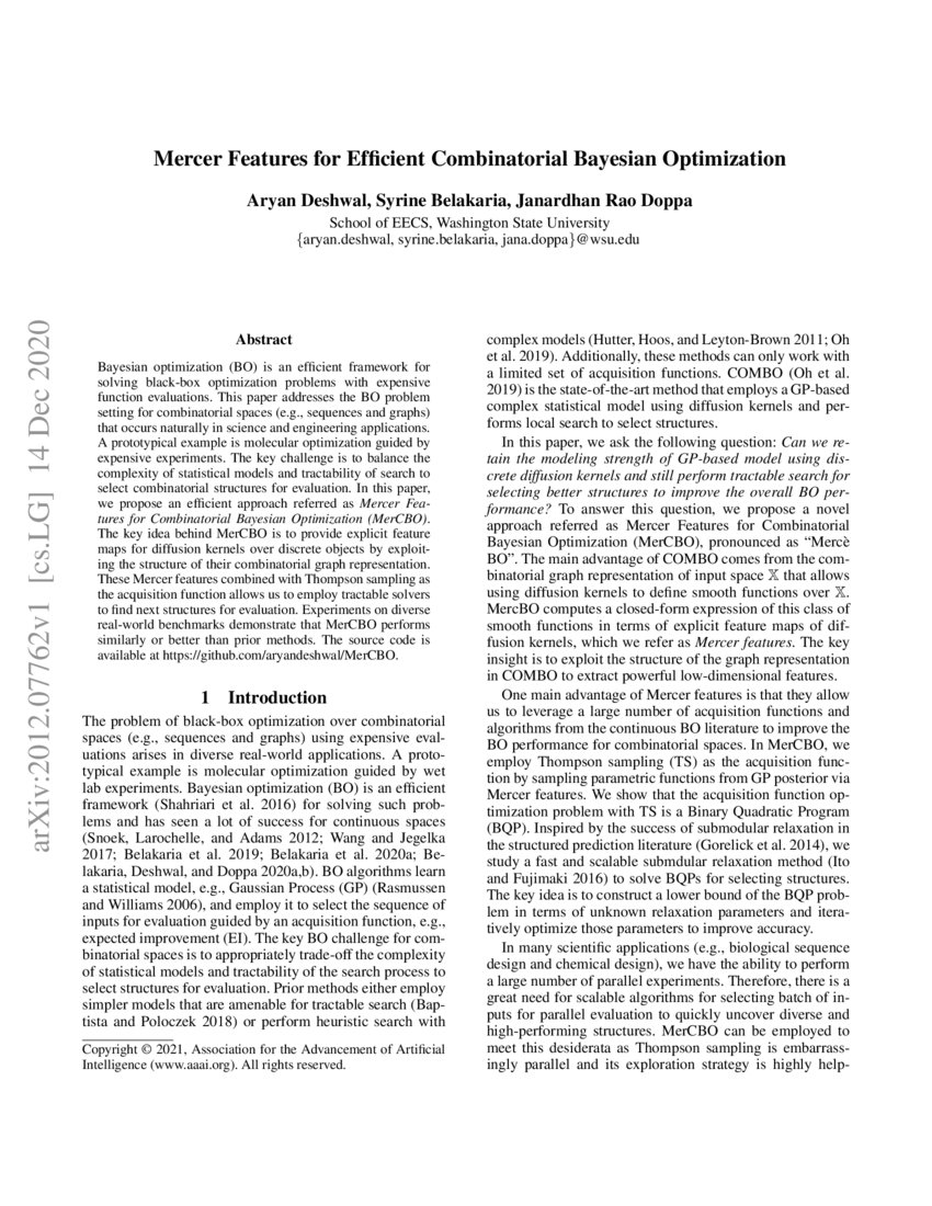 Mercer Features for Efficient Combinatorial Bayesian Optimization DeepAI