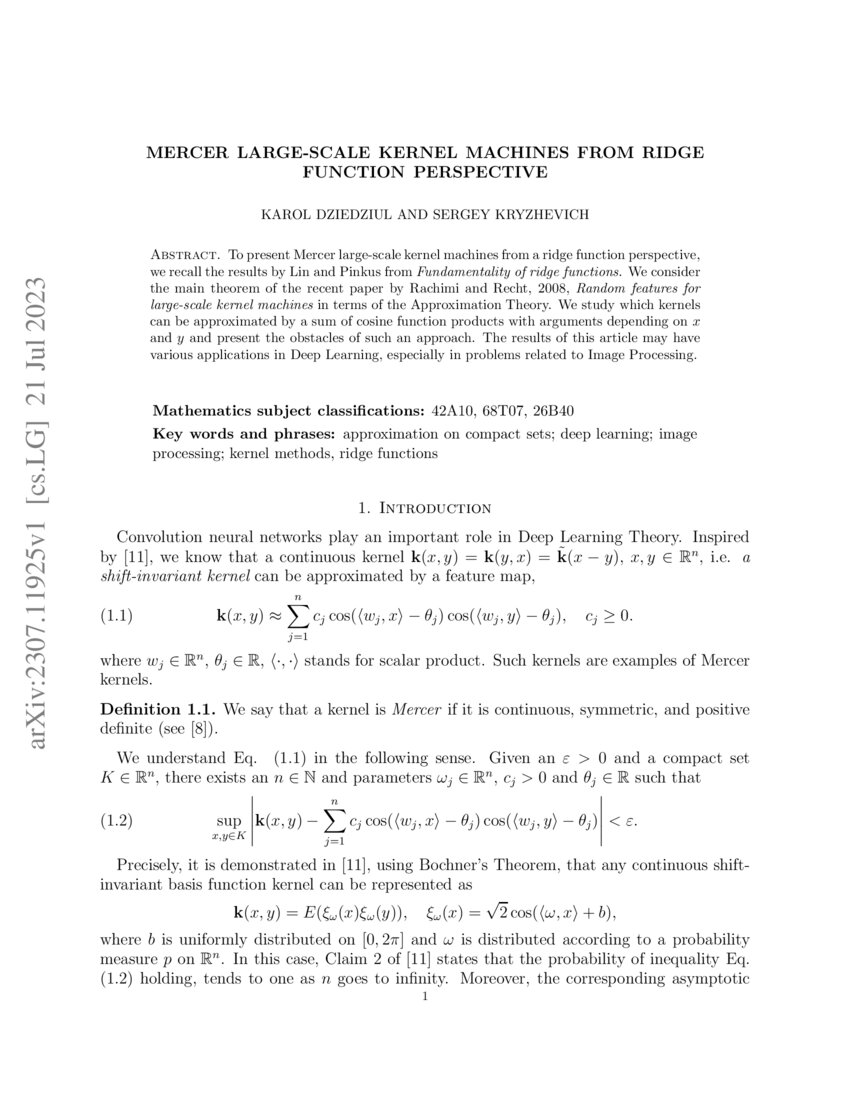 Mercer Large-Scale Kernel Machines from Ridge Function Perspective | DeepAI