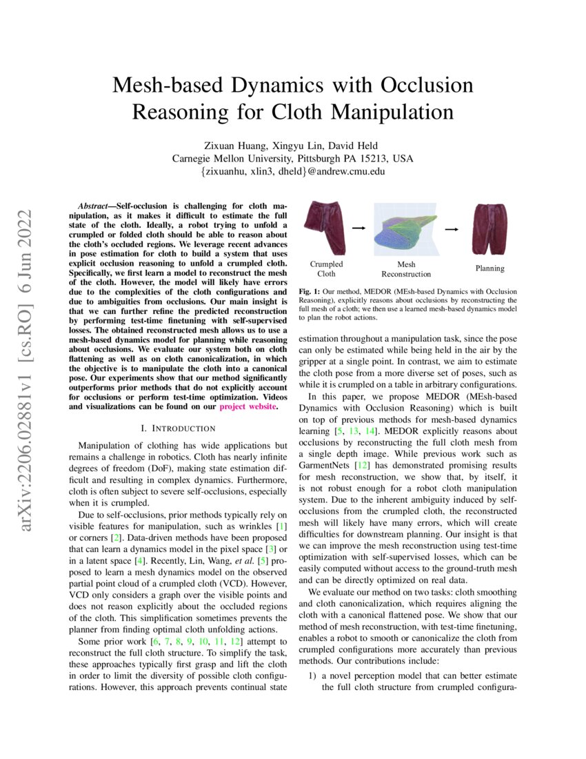 Meshbased Dynamics with Occlusion Reasoning for Cloth Manipulation