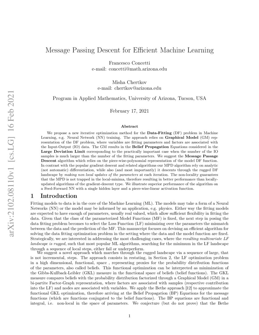 Message Passing Descent for Efficient Machine Learning DeepAI