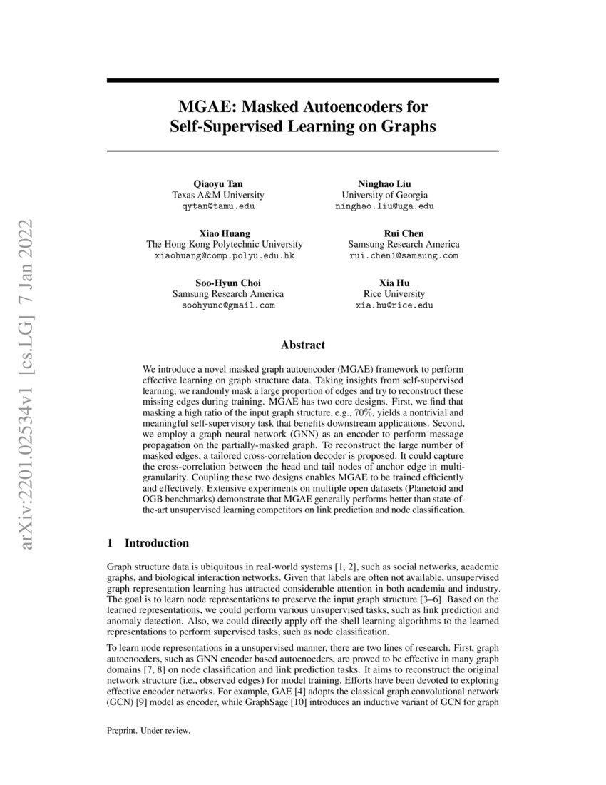 MGAE Masked Autoencoders for SelfSupervised Learning on Graphs DeepAI