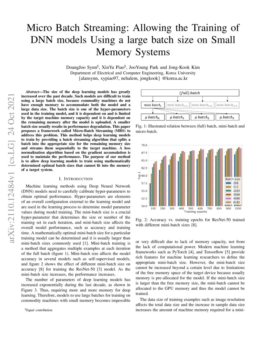 Micro Batch Streaming Allowing the Training of DNN models Using a large batch size on Small