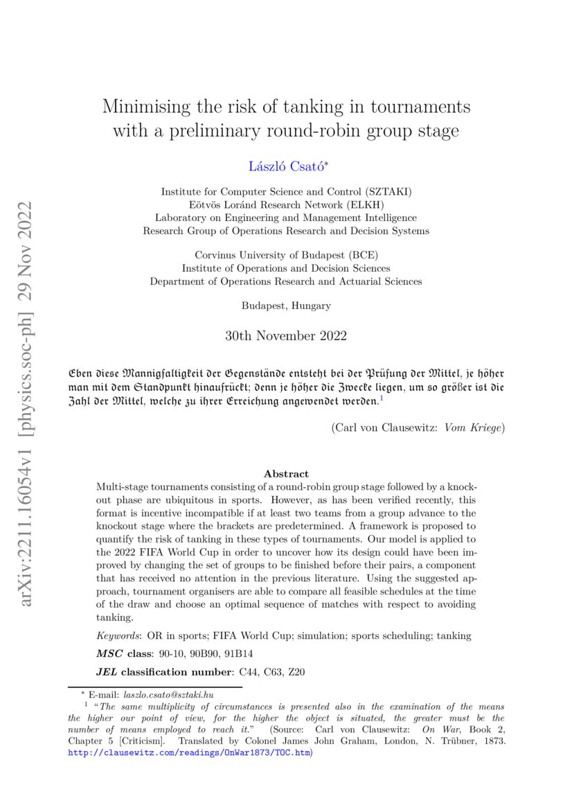 Minimising the risk of tanking in tournaments with a preliminary round ...