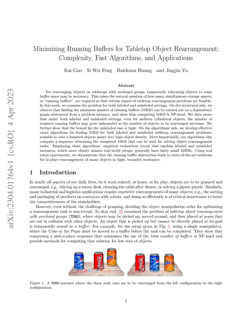 Minimizing Running Buffers for Tabletop Object Rearrangement